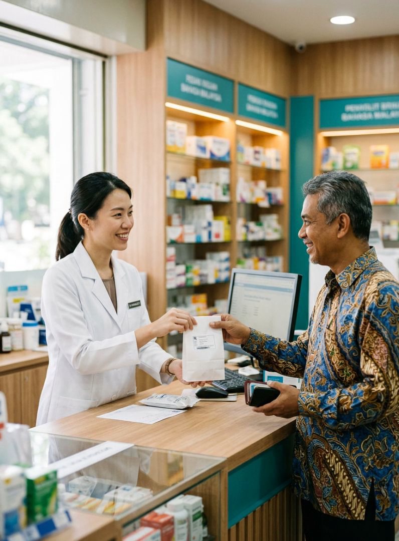 A pharmacist hands medication to a patient at the counter