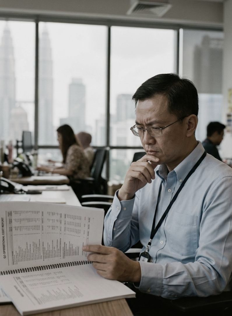 A manager reviews a printed cost report at his desk