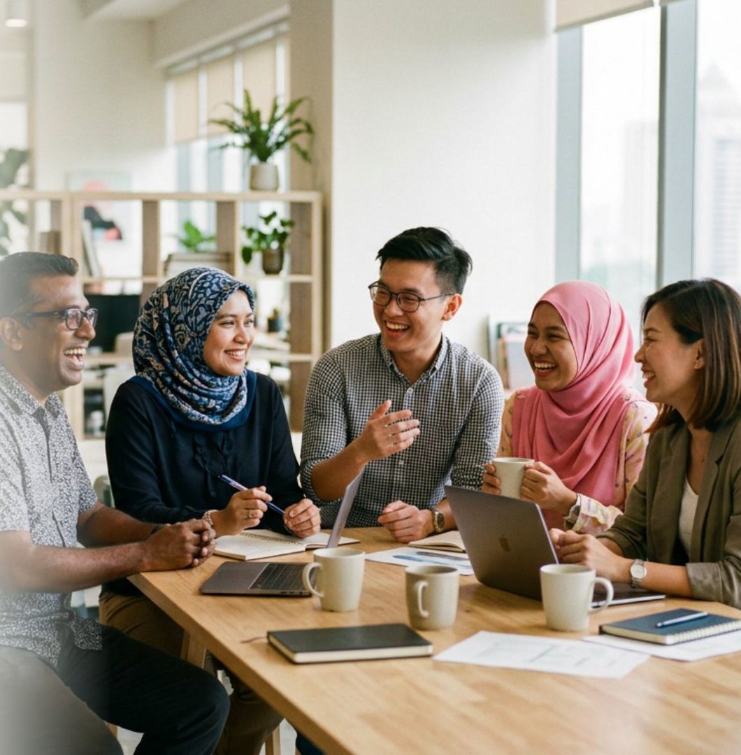 A diverse team of colleagues laughing together around a meeting table